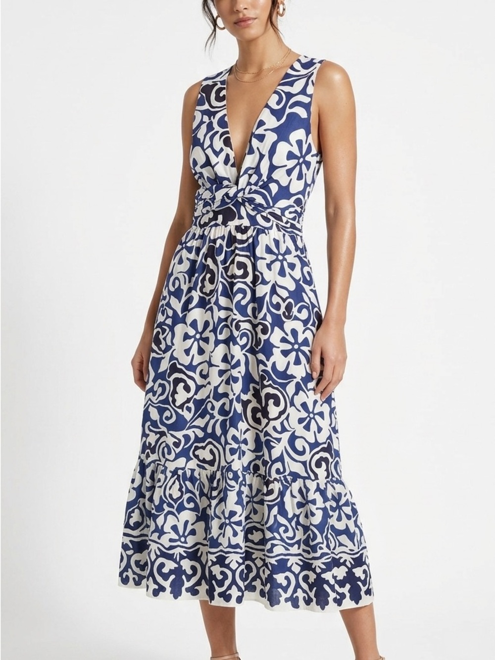 ZARA Blue & Black Floral Midi Maxi Dress w Cut-out Open Back